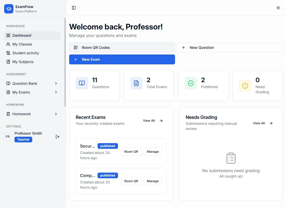 ExamOrganizer teacher dashboard with exams, classes, Question Bank, grading, and assessment management tools